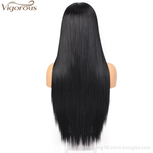 Vigorous Top Quality High Temperature Long Silky Straight Black Wigs Middle Part Lace Frontal Wigs For White Women Wholesale